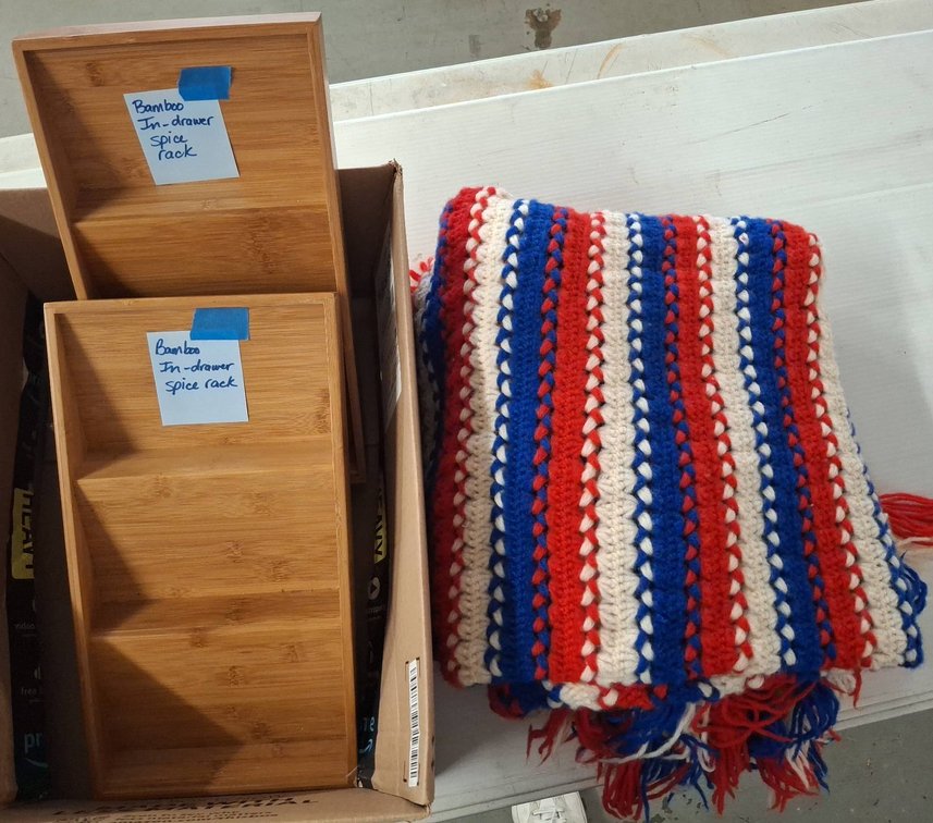 2 Bamboo Spice Racks and Crochet Blanket