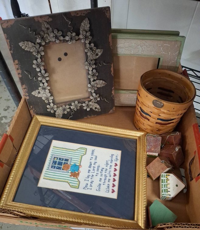 Framed Needlework, Peterboro Basket, Decor Lot