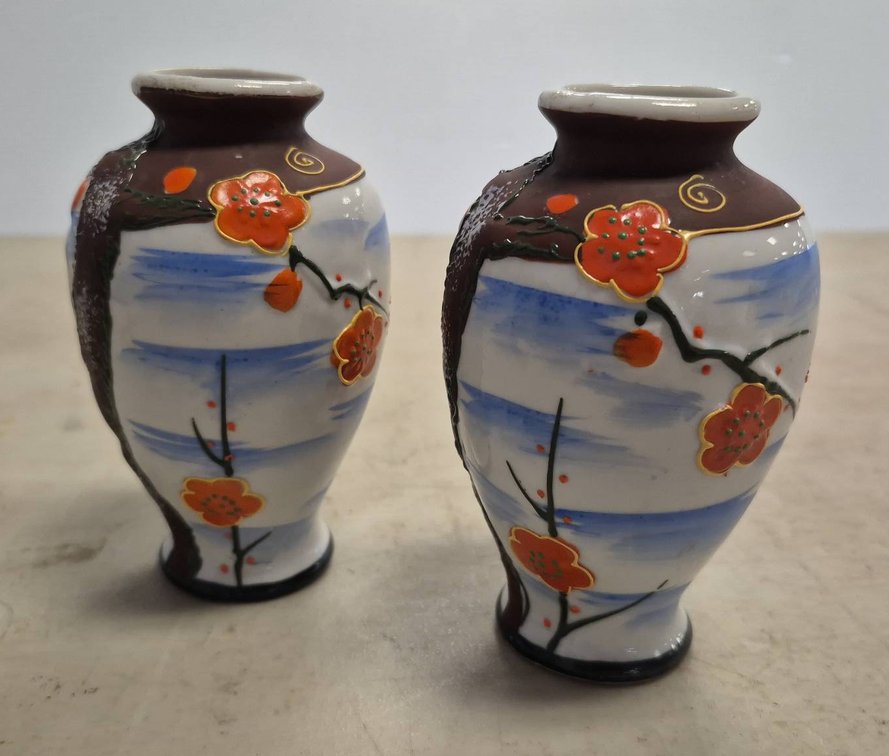 Pair Japan 5" Vases with Plum Blossoms & Birds