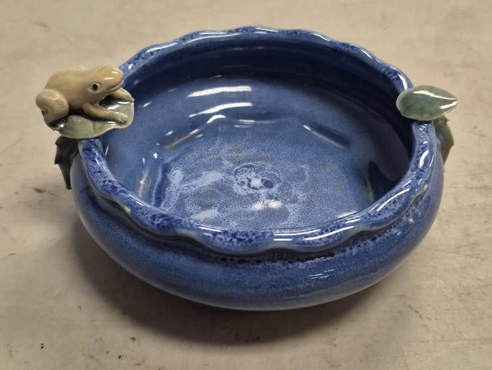Blue Ceramic Bowl With Frog And Lily Pad Accents