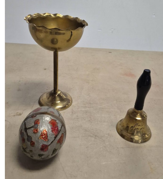 Brass Goblet, Bell & Decorative Egg Trio