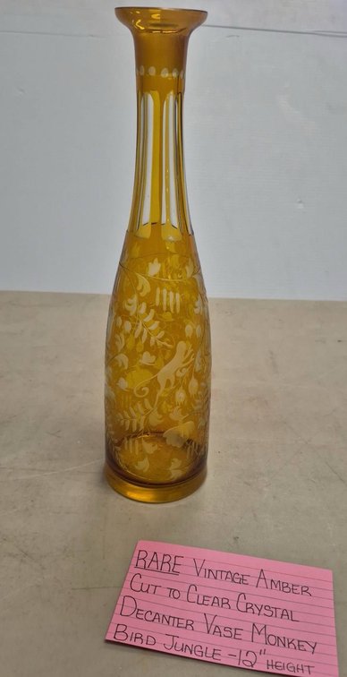 Amber Cut to Clear Crystal Decanter Vase 12"