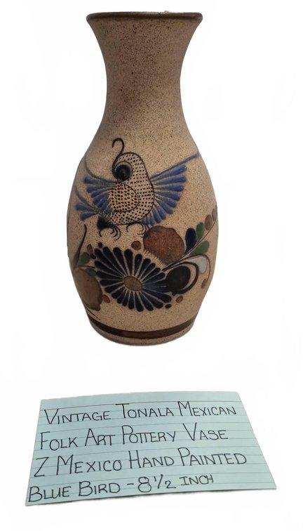 Tonala Mexican Pottery Vase Blue Bird 8.5 Inch