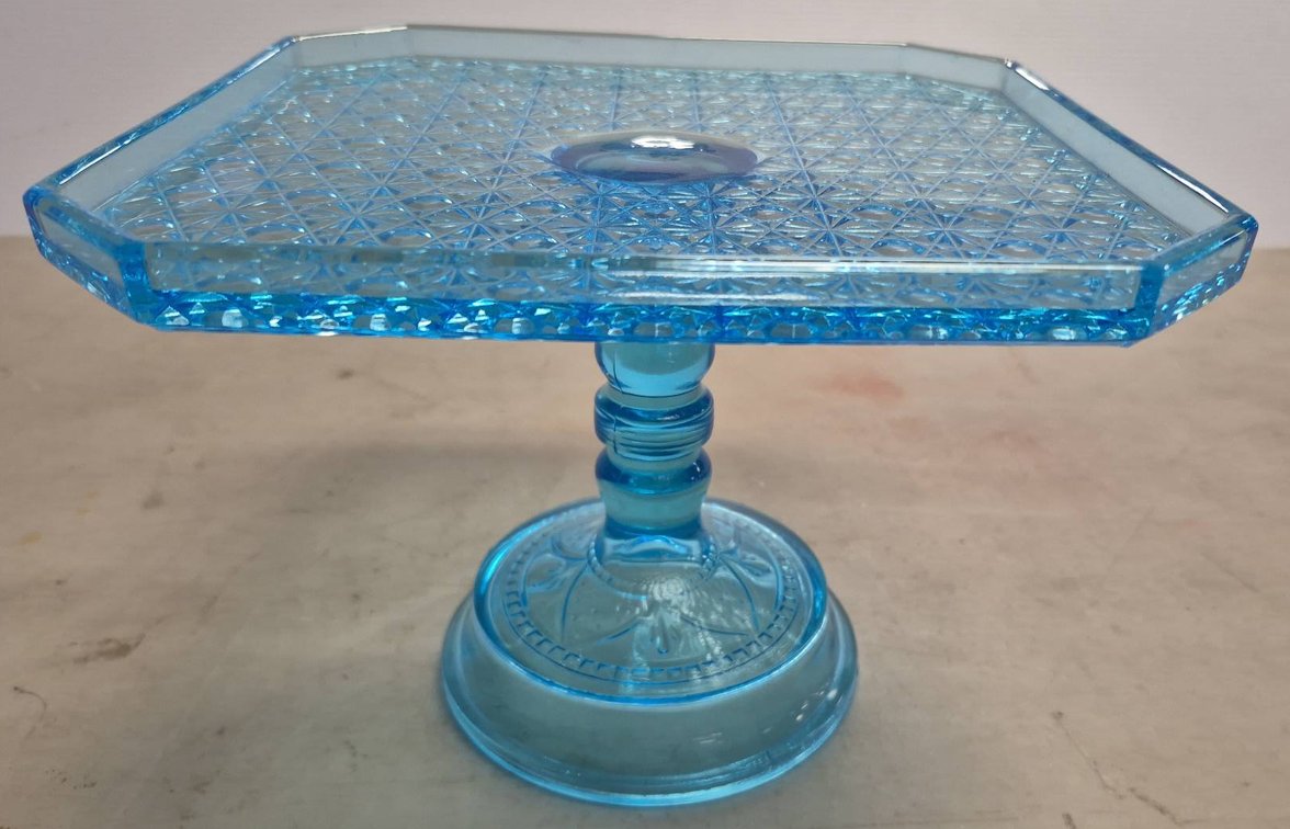 Blue Pressed Glass Square Pedestal Cake Stand