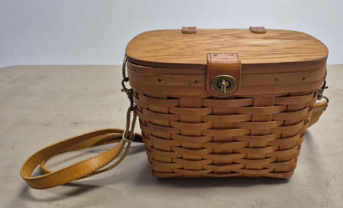 Woven Basket Purse With Wood Lid and Strap