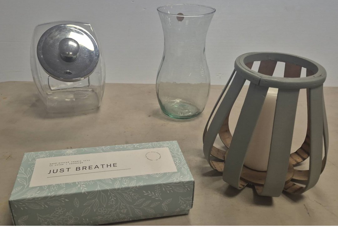 Home Decor Lot: Jars, Vase, Candle Trio
