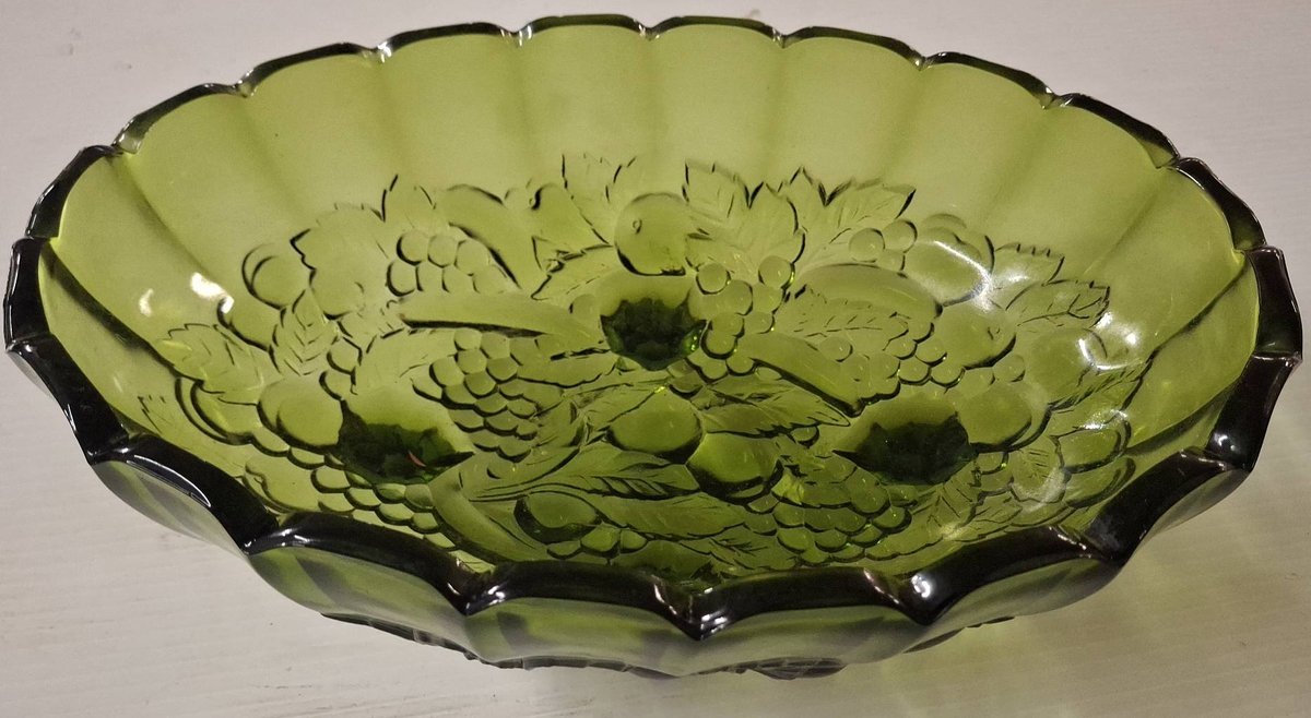 Green Pressed Glass Fruit Motif Footed Bowl