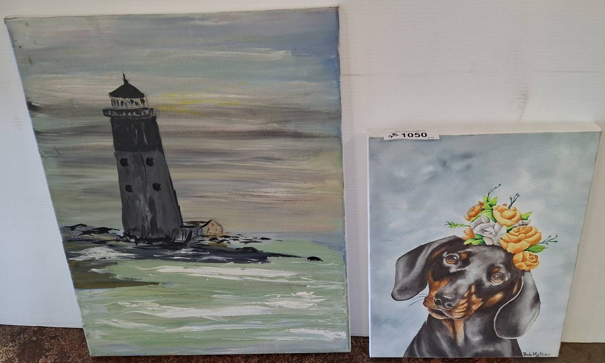 Two 16x20 Canvas Paintings, Lighthouse & Dog