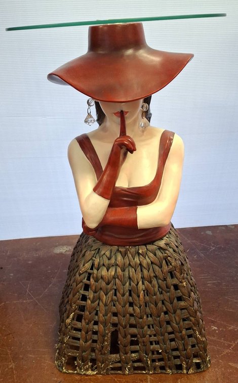 Lady Figure Glass Top Side Table 16x30 Inches