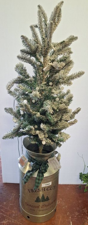 54" Artificial Flocked Pine Tree in Metal Milk Can