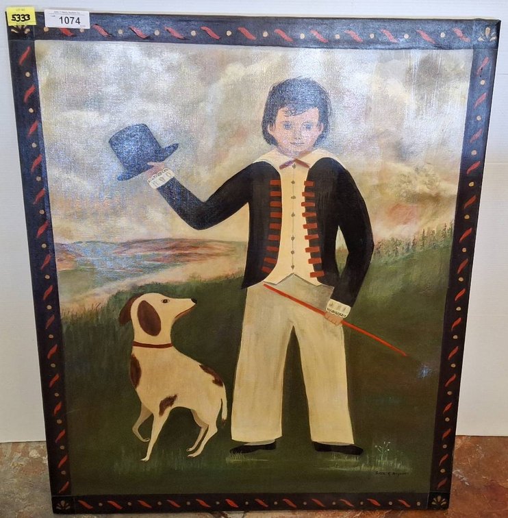 Folk Art Painting Boy with Dog 30x36, Signed