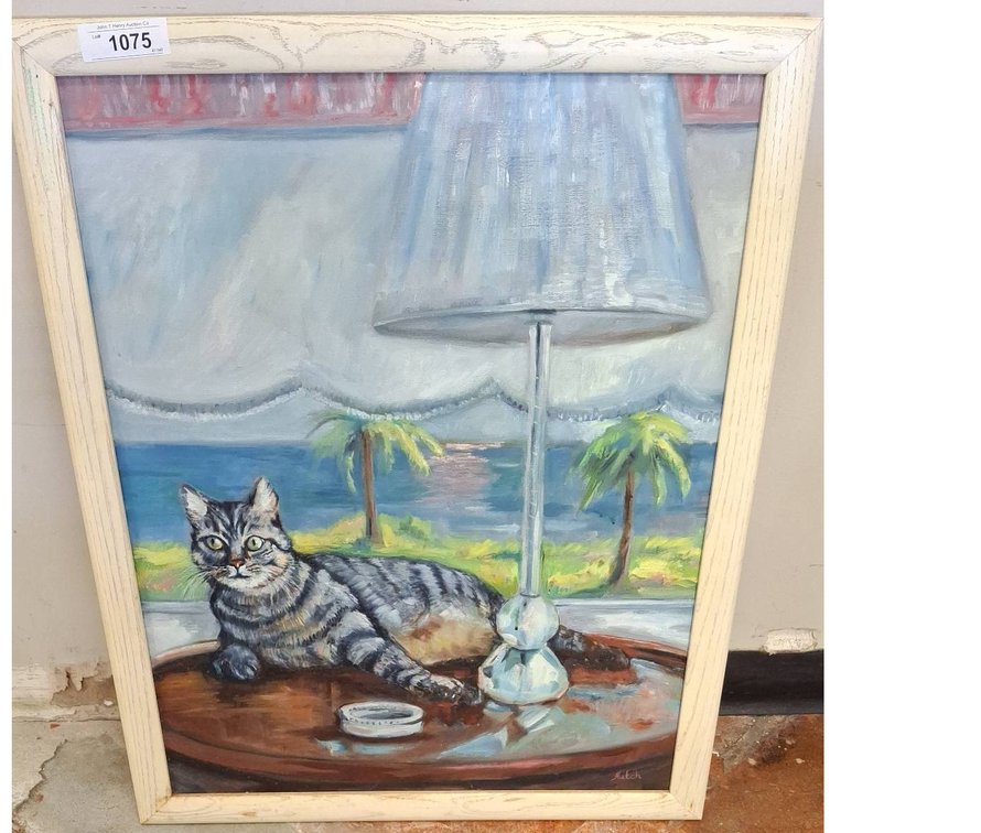 Framed Cat and Lamp Painting Signed Hutch 24x31
