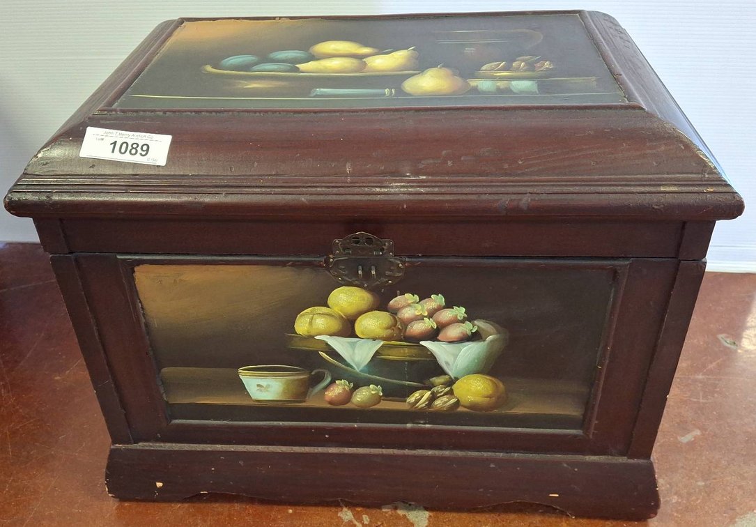 Painted Wood Chest with Fruit Motif, 21x13x17 in