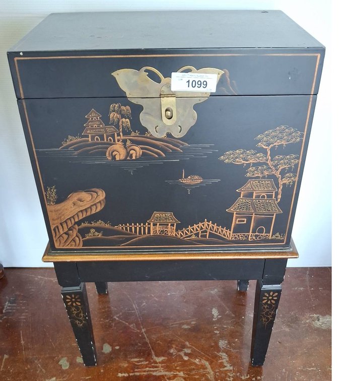 Black Lacquered Storage Chest on Stand 18x13x28