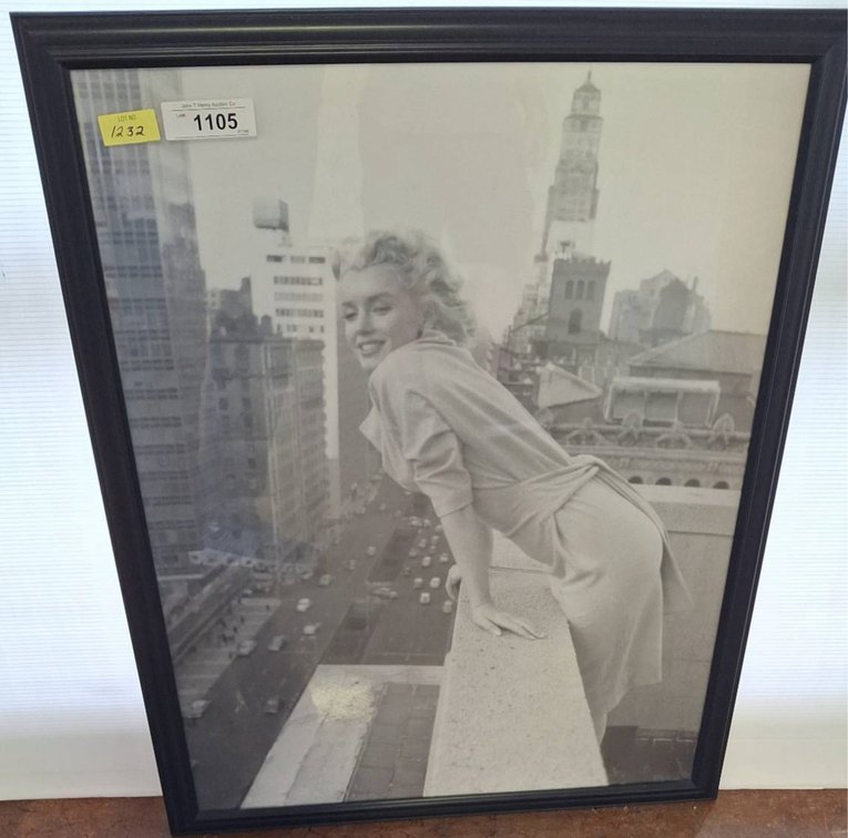 Framed 24x31 Black & White Photo Woman on Ledge