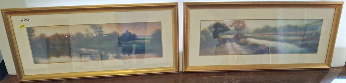 Pair Framed Landscape Prints 43x19 Gold Frames