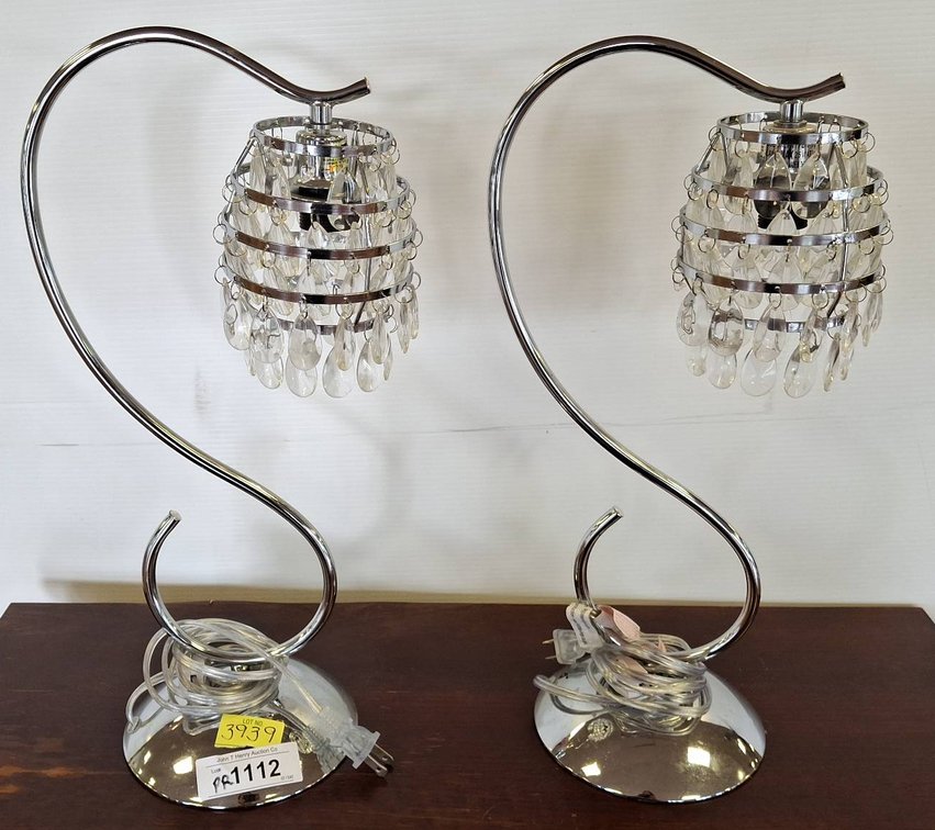 Pair Chrome Table Lamps With Crystal Drops, 18in