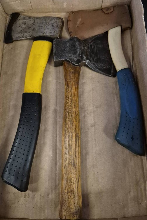 3 Hatchets, Assorted Handles and Sheath