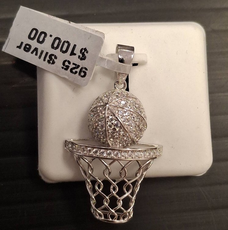 Basketball Hoop Pendant 925 Silver, Pave Stones