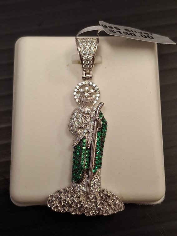 925 Silver Saint Pendant With Green Stones