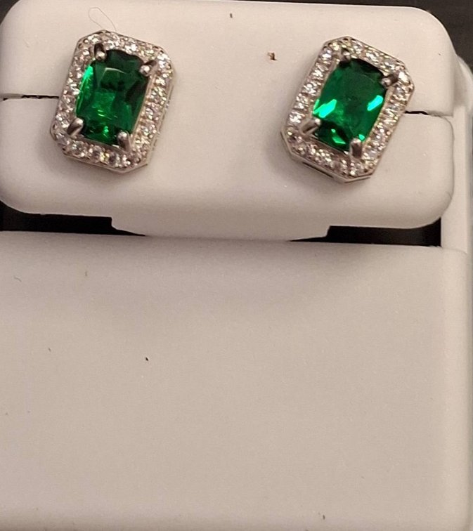 Emerald Green Stone Stud Earrings with Halos