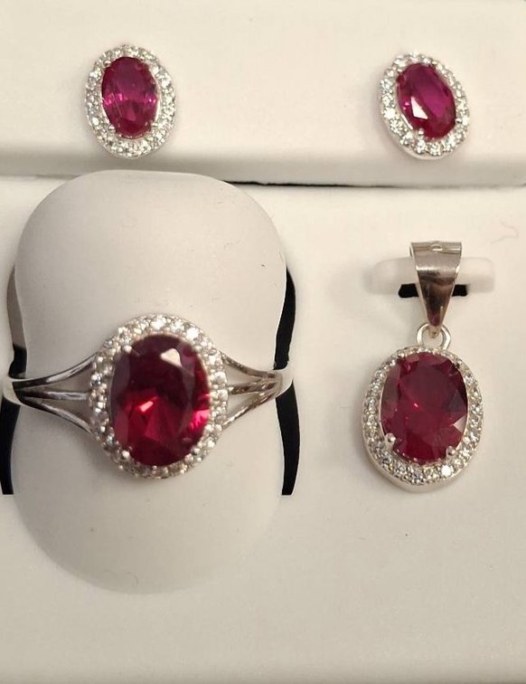Red Gemstone Silver Jewelry Set, 4 Pieces