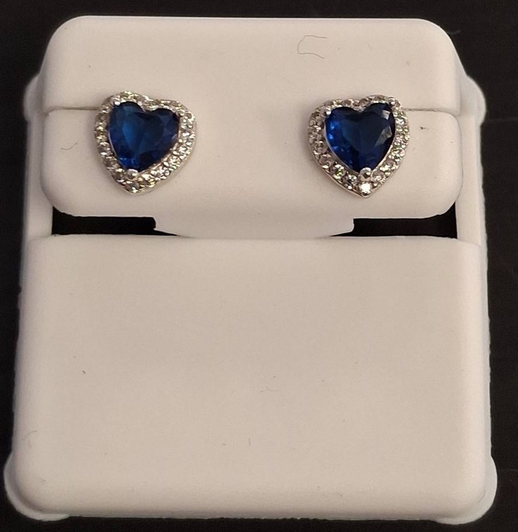 Sterling Silver Blue Heart Stud Earrings 925
