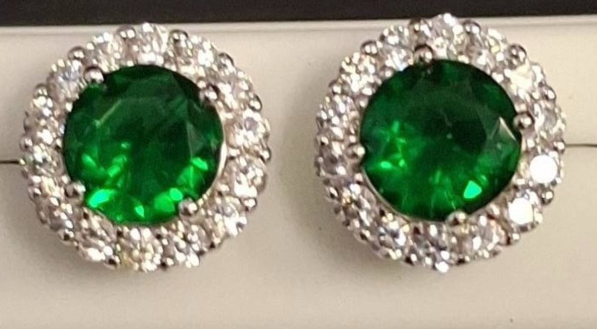 Oval Green Stone Stud Earrings with Clear Halo