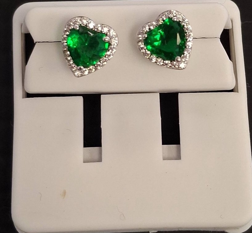 Sterling Silver Heart Green Stone Earrings