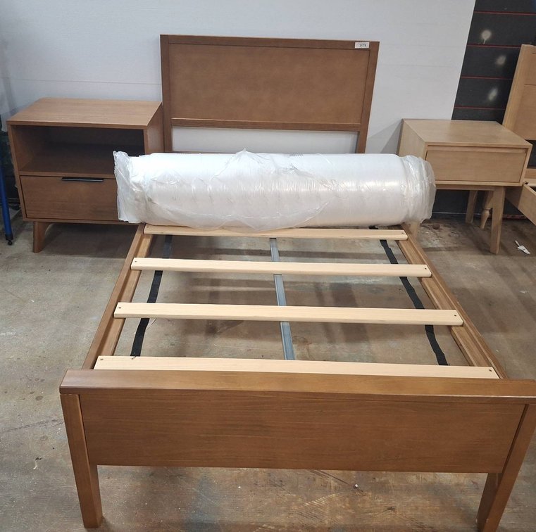 Wood Twin Bed Frame, Mattress, One Nightstand