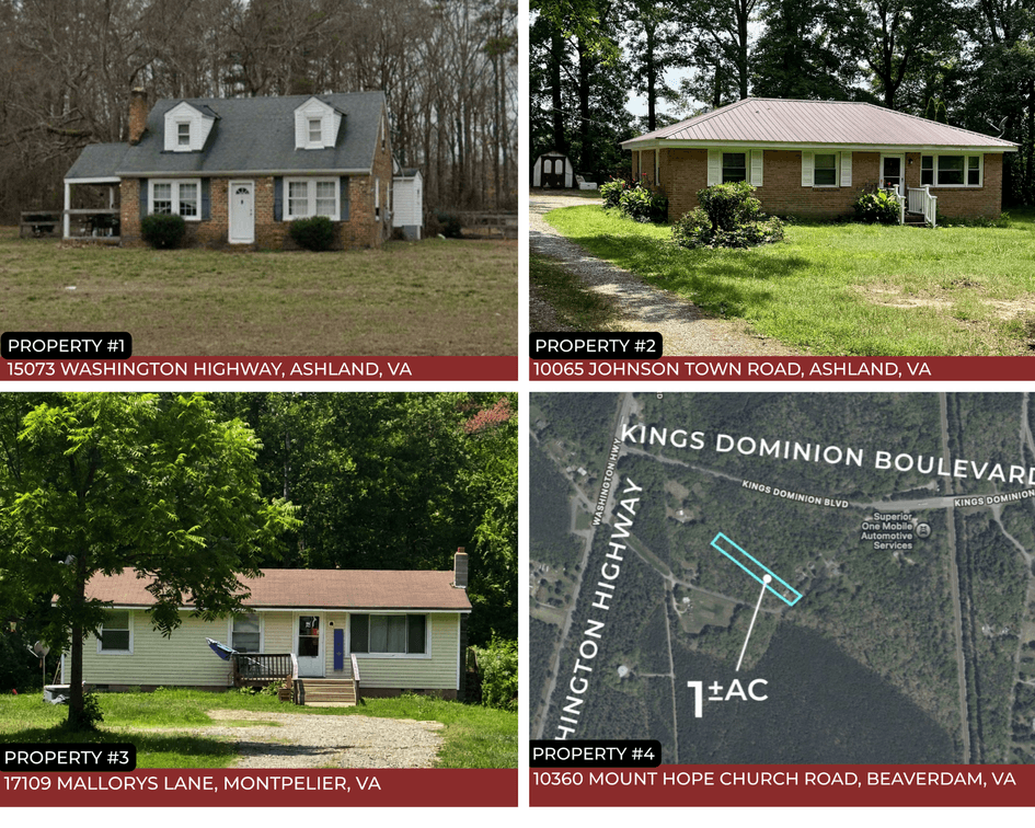ABSOLUTE Auction | Ashland, Montpelier & Beaverdam, VA | 4 Properties | 3 Single-Family Homes & 1 Vacant Lot | Divorce Settlement | Sold Individually | 23005, 23192, & 23015