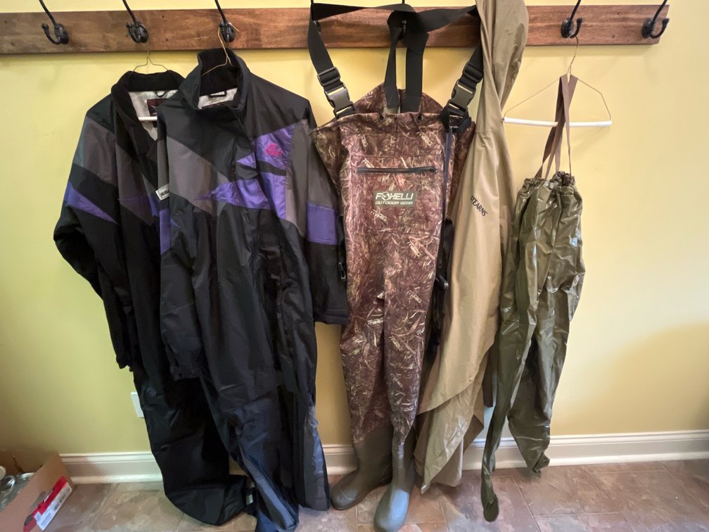 Waders and Motor Cycle Suits.