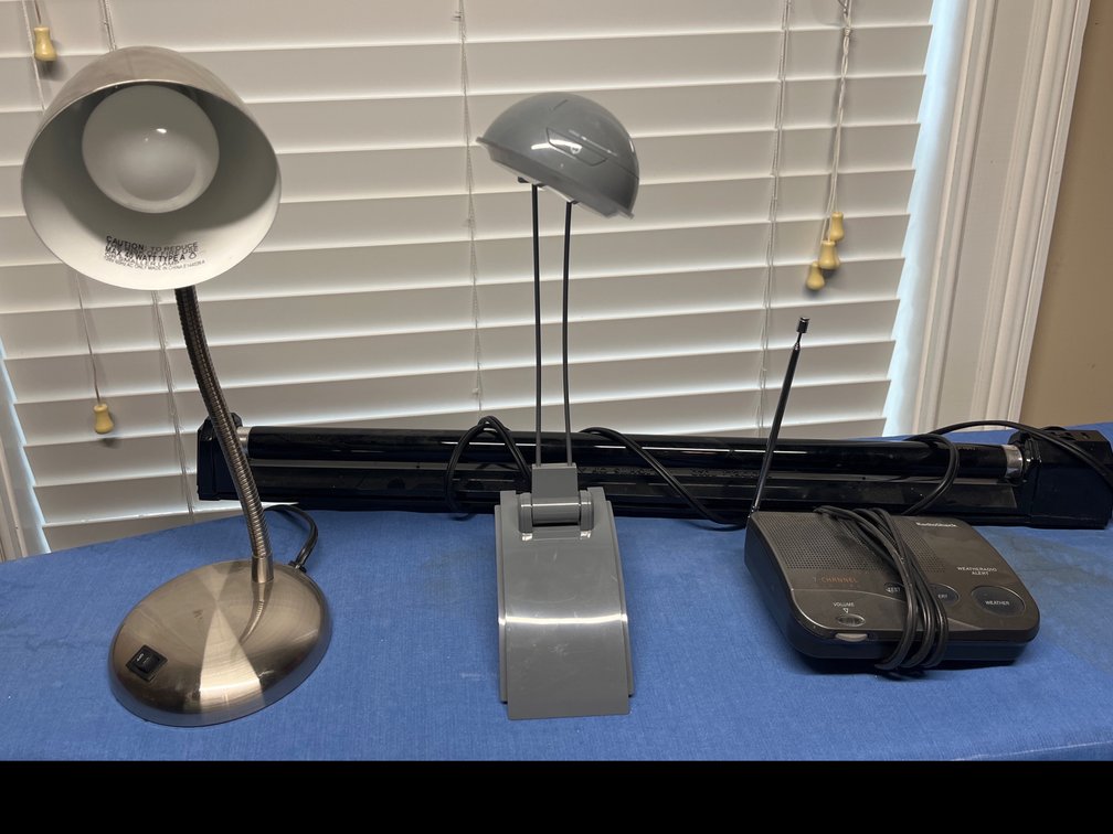 2 desk lamps, black light and weather radio
