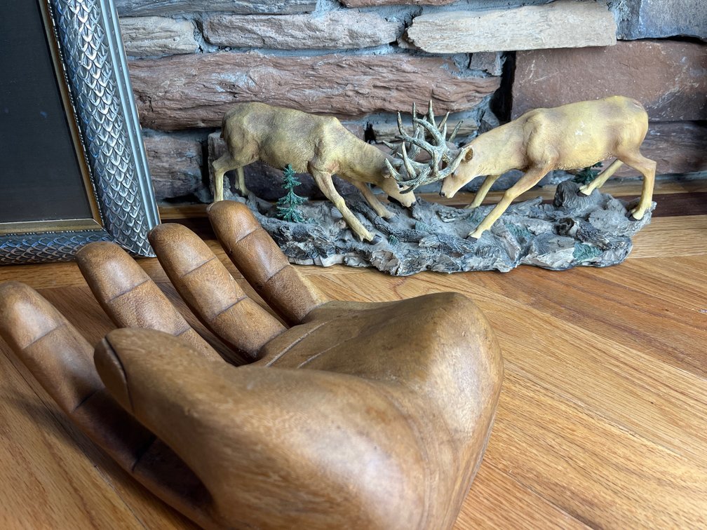 Fighting Buck Statue & Wooden Hand