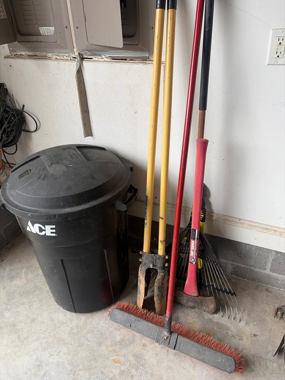 Assorted Outdoor Tools and Trashcan