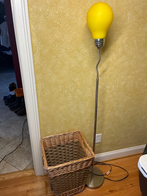Lightbulb Floor Lamp and Tall Laundry Basket