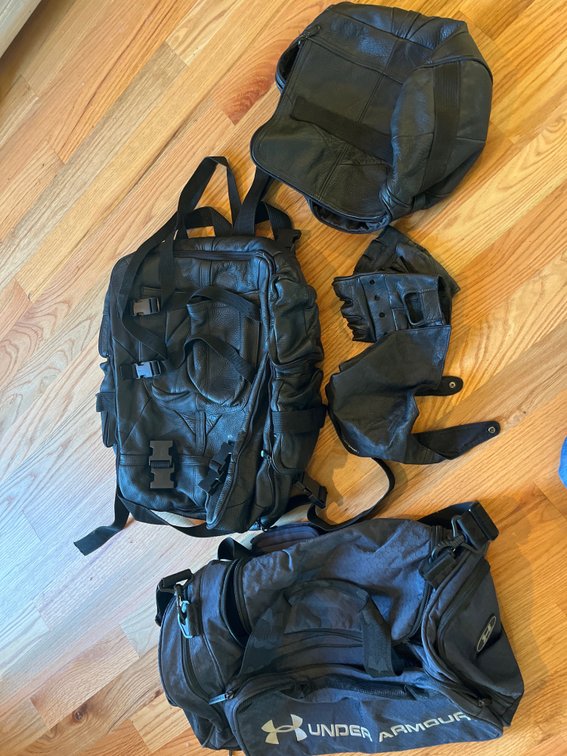 Under Armour Bag/ 2 Leather Bags/ Harley Davidson cover and gloves