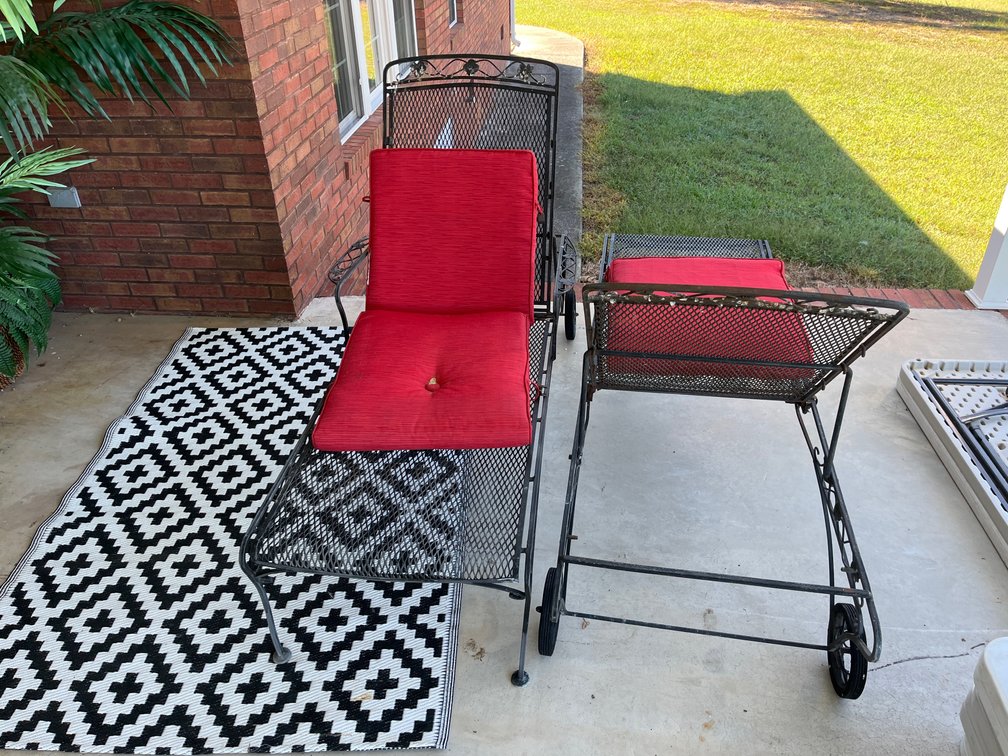 Reclining Patio Chairs/ Outdoor Rug and Faux Plant
