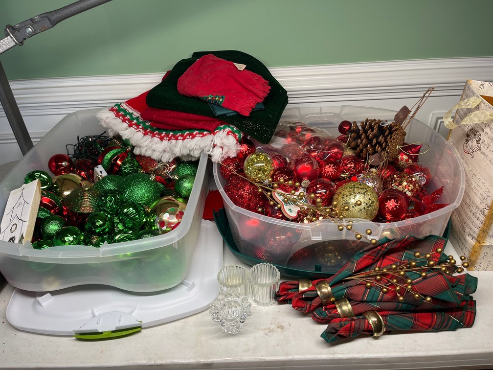 Christmas Ornaments & Tablecloth