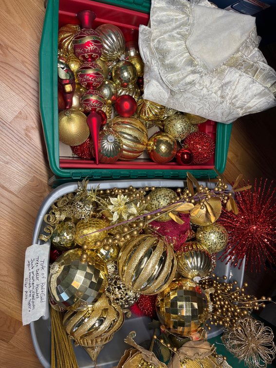 Totes of Red and Gold Tree Decor