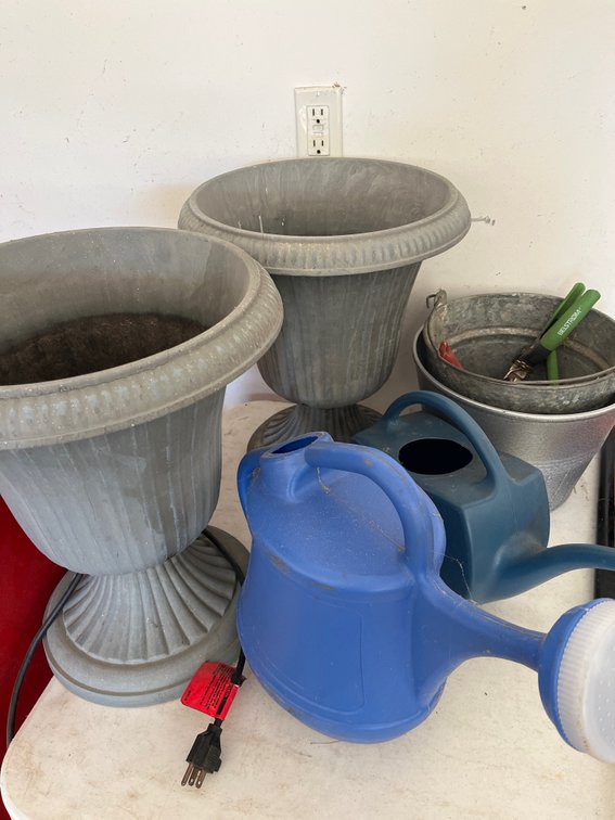 Two Planters, Two watering pails and  2 Buckets with Garden Tools