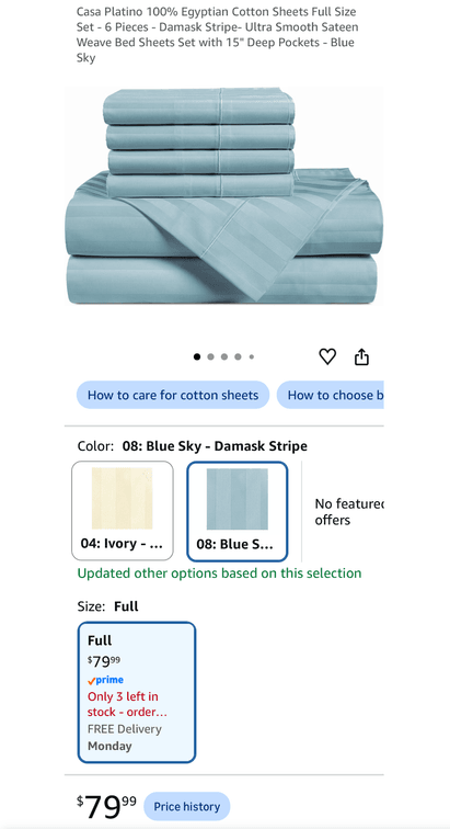 Casa Platino 6-Piece Full Egyptian Cotton Sheet Set- Est. Retail $79.99