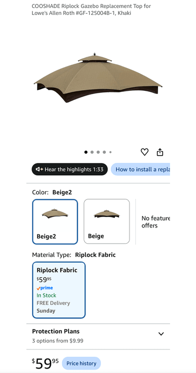 COOSHADE Riplock Gazebo Replacement Top for Lowe's Allen Roth #GF-12S004B-1- Est. Retail $59.95
