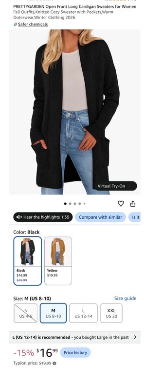 PRETTYGARDEN Women's Open Front Long Cardigan Sweater, Black, Size M- Est. Retail $19.99