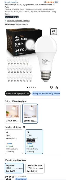 Ruboffcs A19 13W LED Light Bulbs, 24-Pack- Est. Retail $30