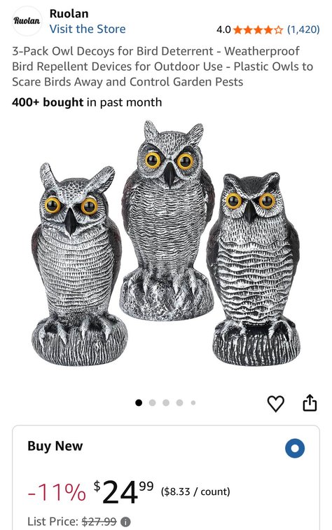 Set of 3 Molded Plastic Owl Decoys - Est. Retail $25
