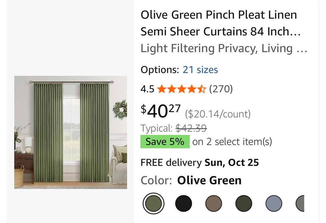 Olive Green Pinch Pleat Linen Curtains 84 in - Est. Retail $40