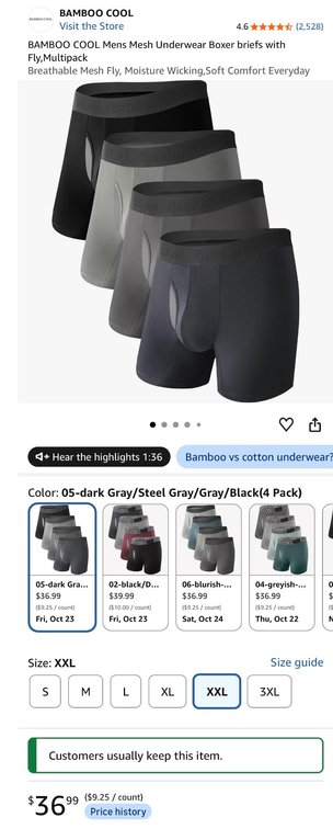 BAMBOO COOL Men's Mesh Boxer Briefs 4-Pack, Size XXL- Est. Retail $37