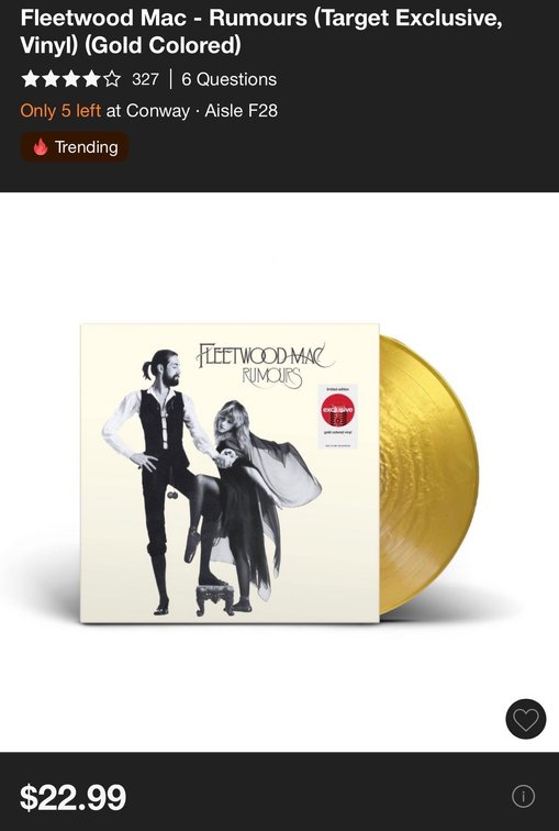 Fleetwood Mac Rumours Target Exclusive Gold Vinyl LP - Retail $22.99