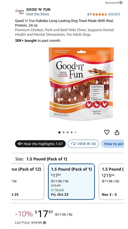 2 Bags Good 'n' Fun Triple Flavor Kabobs Dog Treats, 24 oz- Est. Retail $40